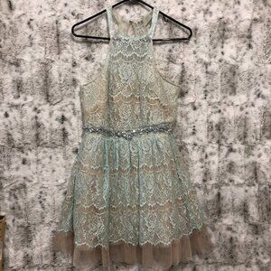 Bee Darlin Womens Dress Mint Floral Lace Mini Illusion Neck Sleeveless Reinstone